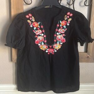 Black Top with Floral Embroidery